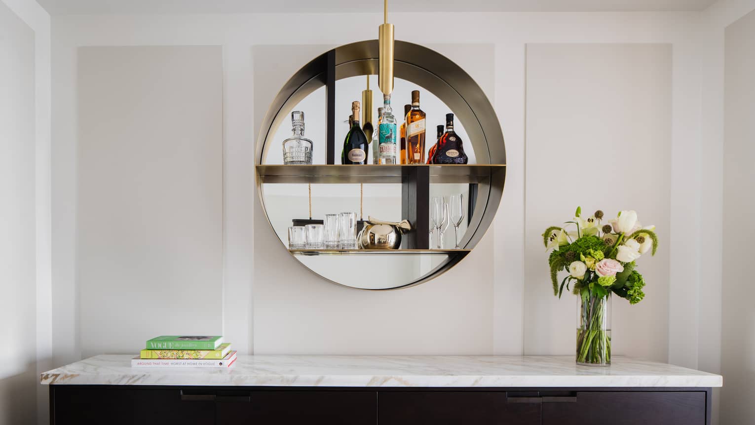 Marble buffet table with circular hanging bar shelf
