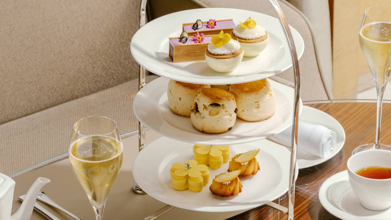 Afternoon Tea three-tiered platter with champagne