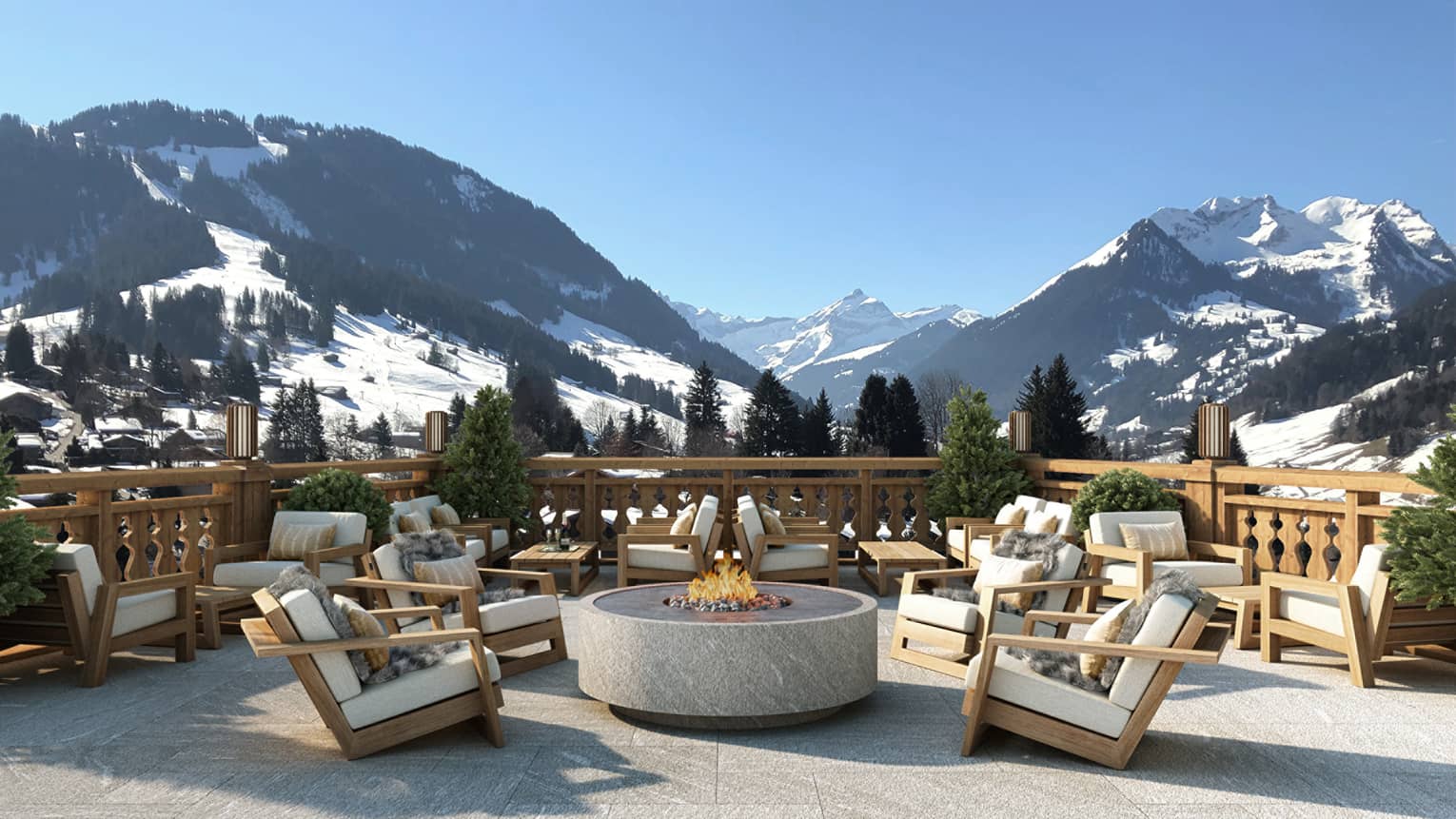 Rendering of an outdoor patio with firepit and mountains in the background