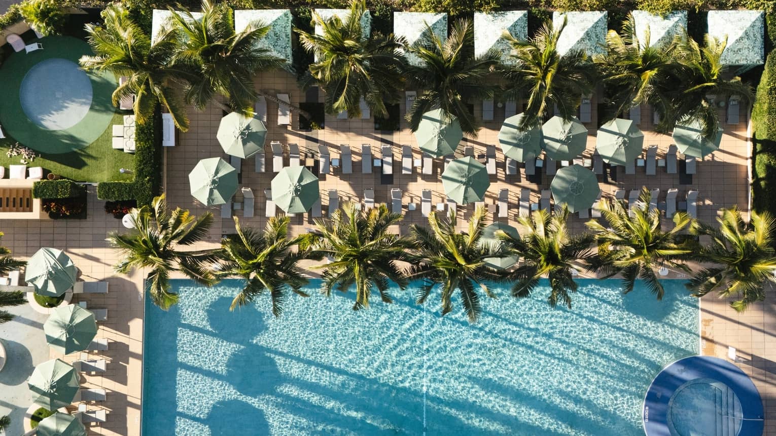 Aerial view of a large outdoor swimming pool lined with white lounge chairs, light green umbrellas and lush palm trees