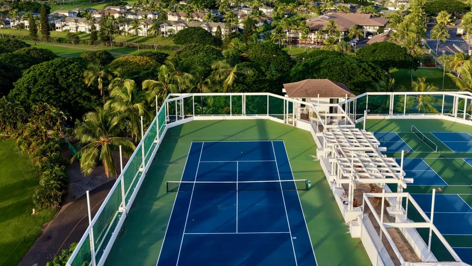 Aerial photo of a tennis court in a tropical landscape