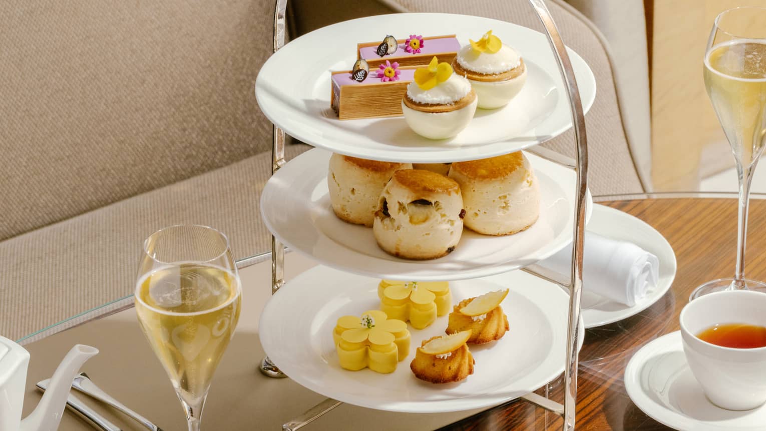 Afternoon Tea three-tiered platter with champagne