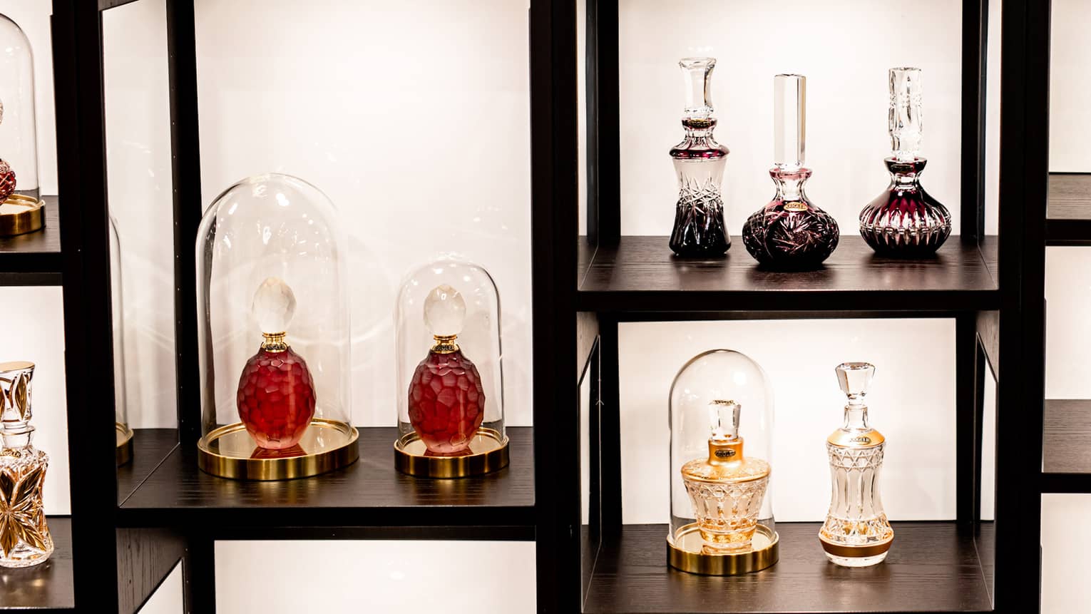 A wall of shelves filled with various ornate perfume bottles