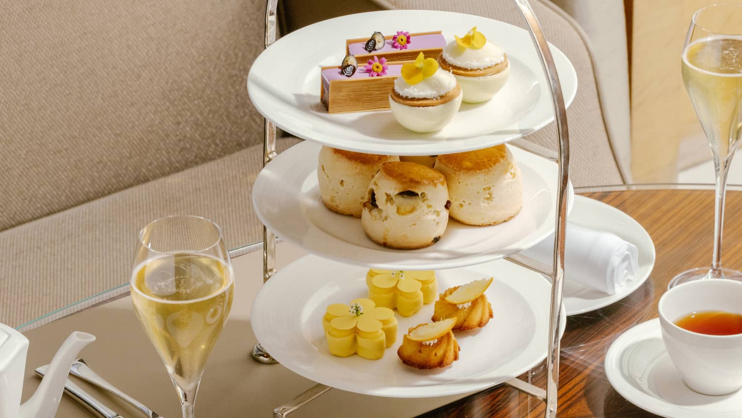 Afternoon Tea three-tiered platter with champagne