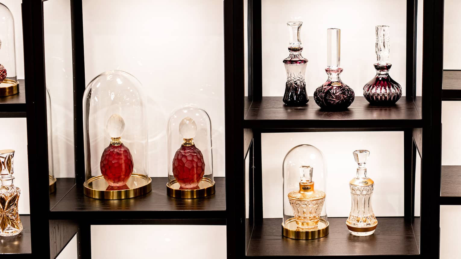 A wall of shelves filled with various ornate perfume bottles