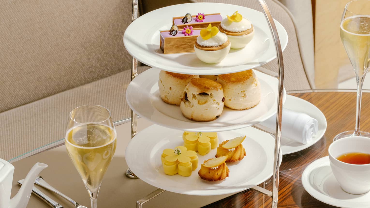 Afternoon Tea three-tiered platter with champagne
