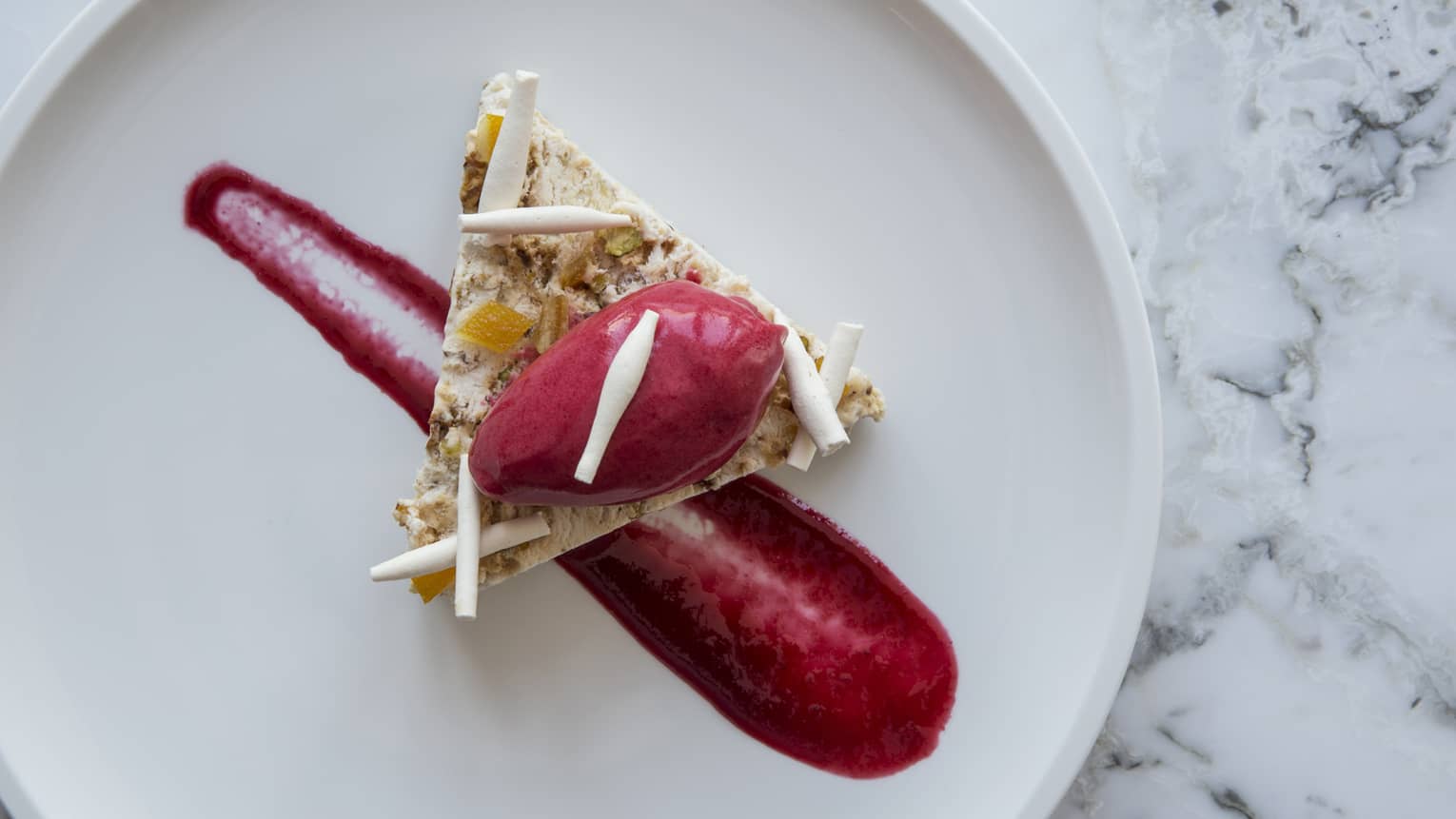 A triangle-shapped crisp topped wth a dollop of dark-red sorbet and flakes of white sits atop a smear of dark-red neatly placed on a white round plate