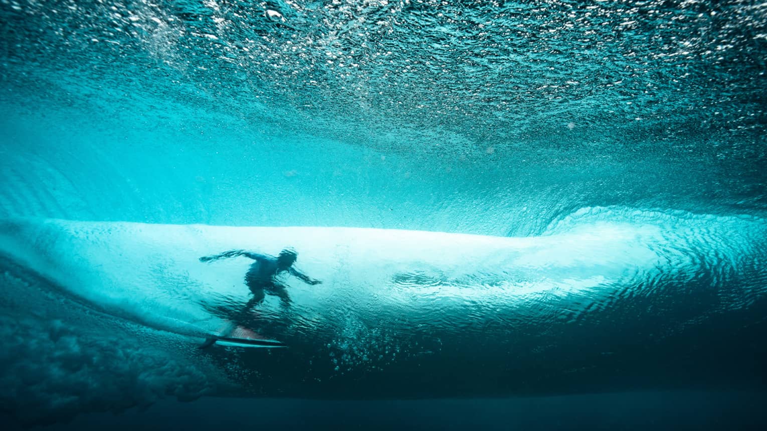 A surfer surfing a wave above turquoise blue water