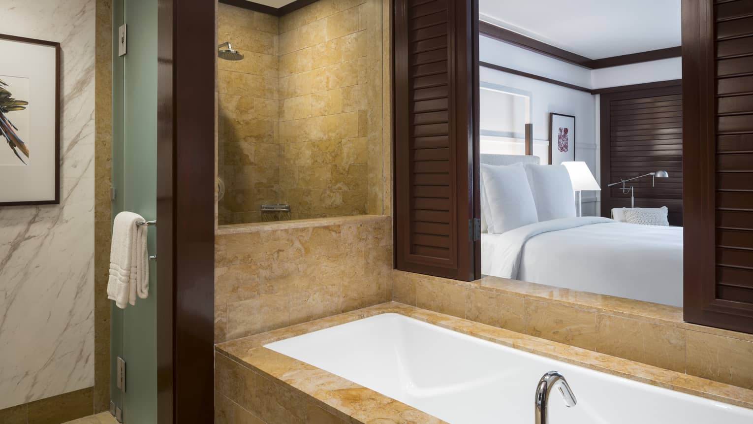 Bathroom with Open Shutters Onlooking Bedroom