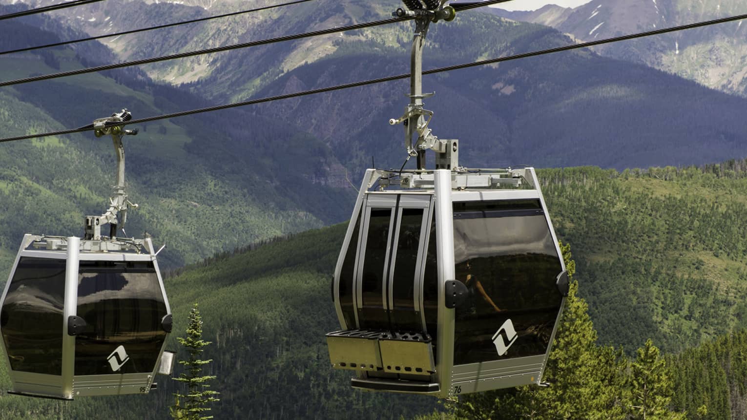 Two gondolas travelling over a forested area.