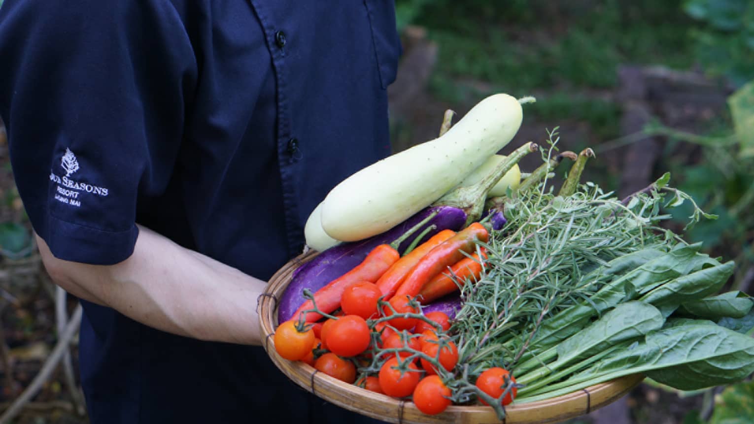A person holding a bowl of fresh vegetables