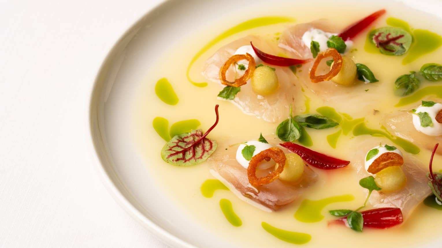Sea Bream Crudo on a white plate