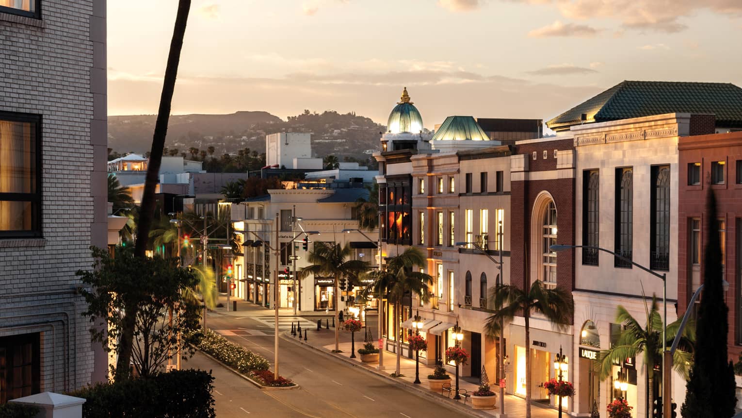 Wedding set up on terrace above Beverly Hills street view at sunset 