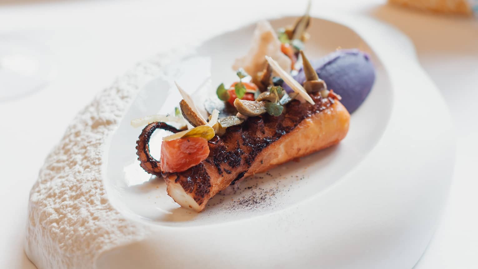 An oblong-shaped white dish cradles a piece of herb-garnished grilled octopus and a portion of violet-coloured mashed potato.