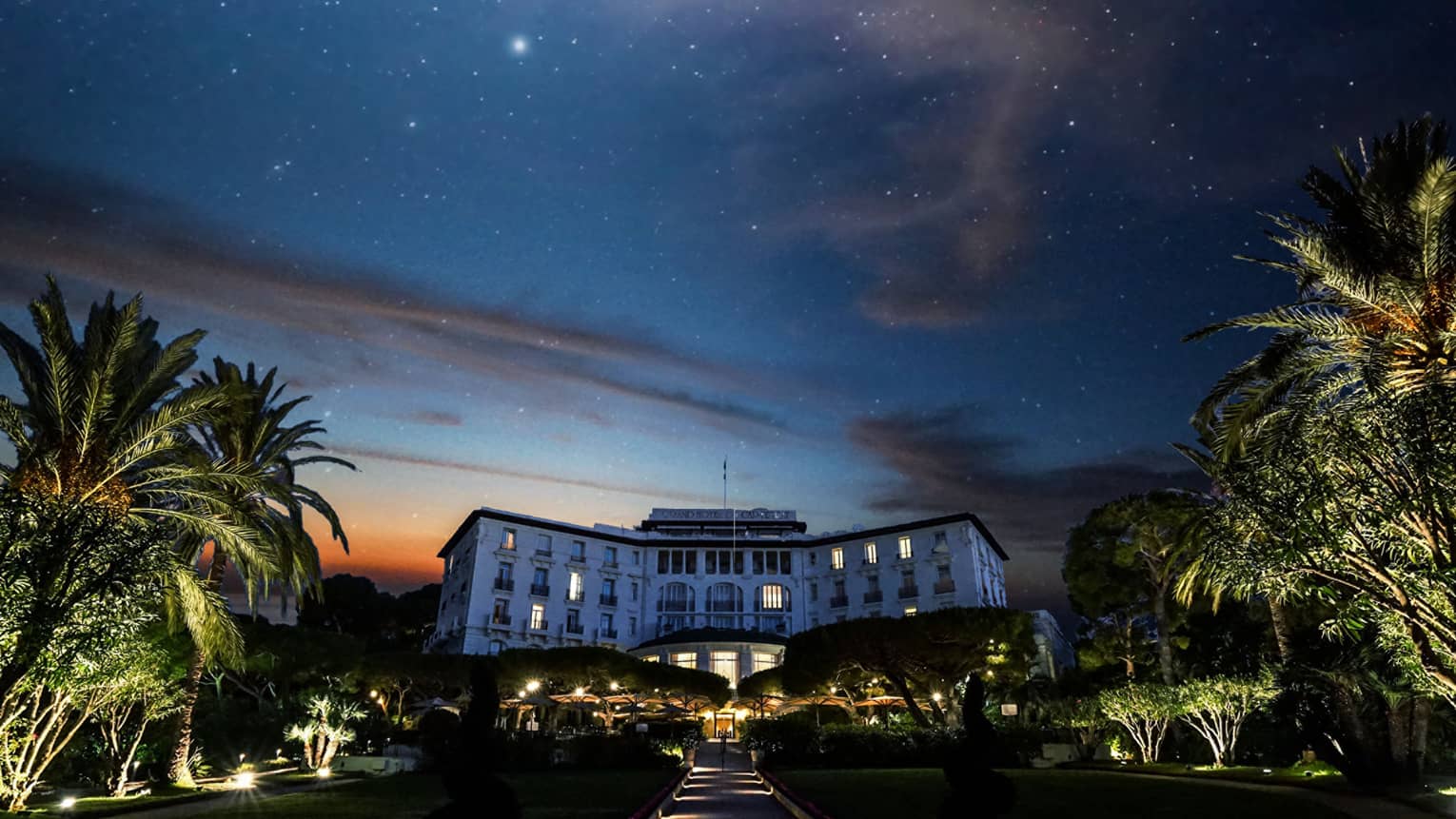 Starry sky, palm trees above Four Seasons Grand-Hotel du Cap-Ferrat