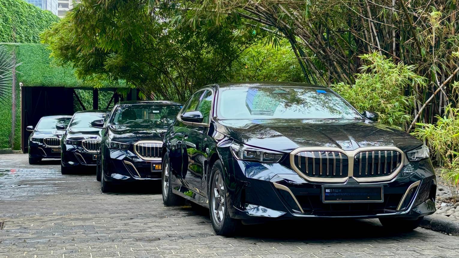 A line of luxury cars parked outdoors