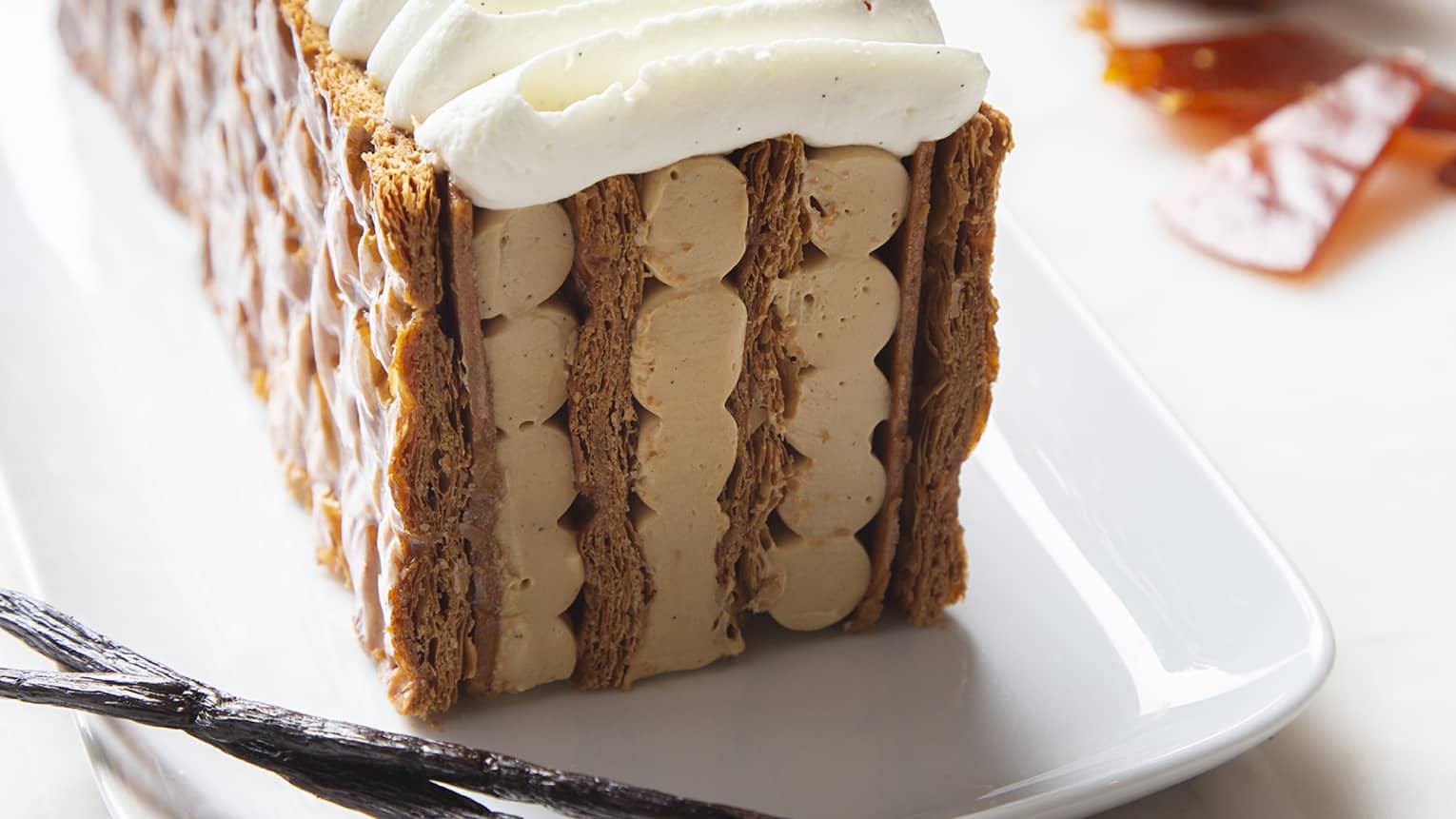 Seasonal mille-feuille with vanilla bean garnish
