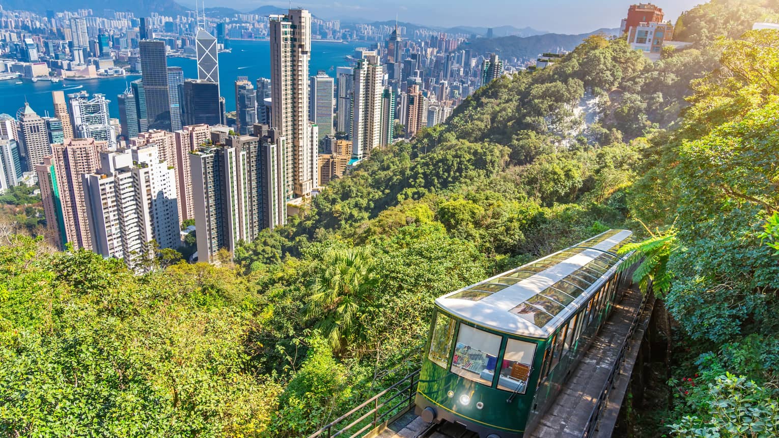 The Peak Tram rises about Hong Kong city on a lush mountainside