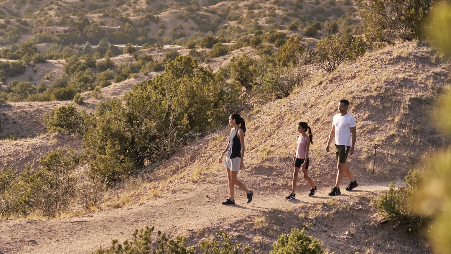 A group walking along a hiking trail with a mountain view