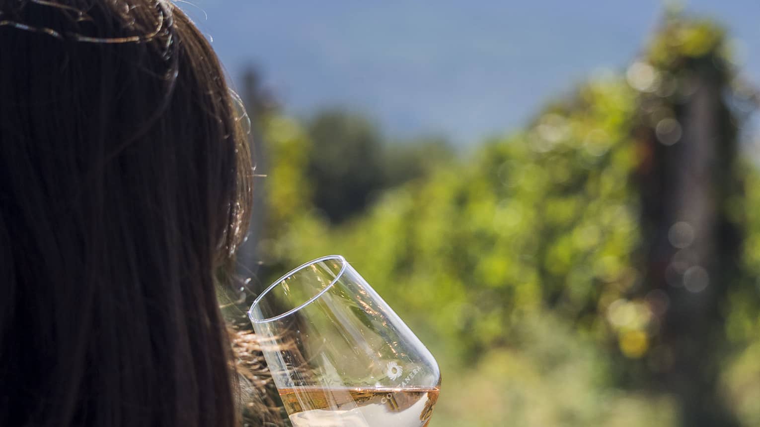 A person enjoys a glass of pale wine in an outdoor setting, with mountain views in the distance.