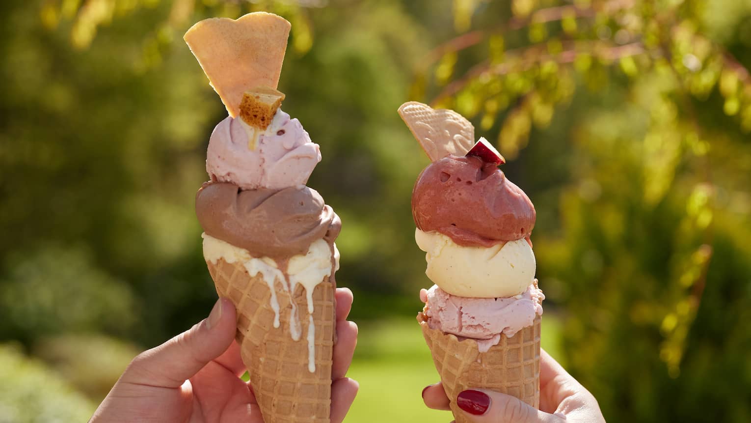 ,Two hands holding up ice cream cones topped with three scoops of gelato