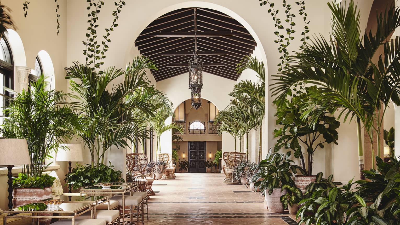 The interior of a lounge area of a hotel with small palm trees, other plants, and tables for people to sit at.