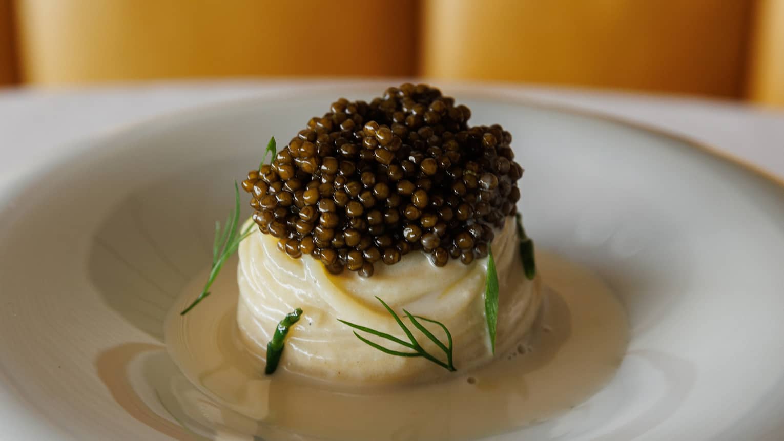 Artfully plated roll of past topped with caviar in a white bowl
