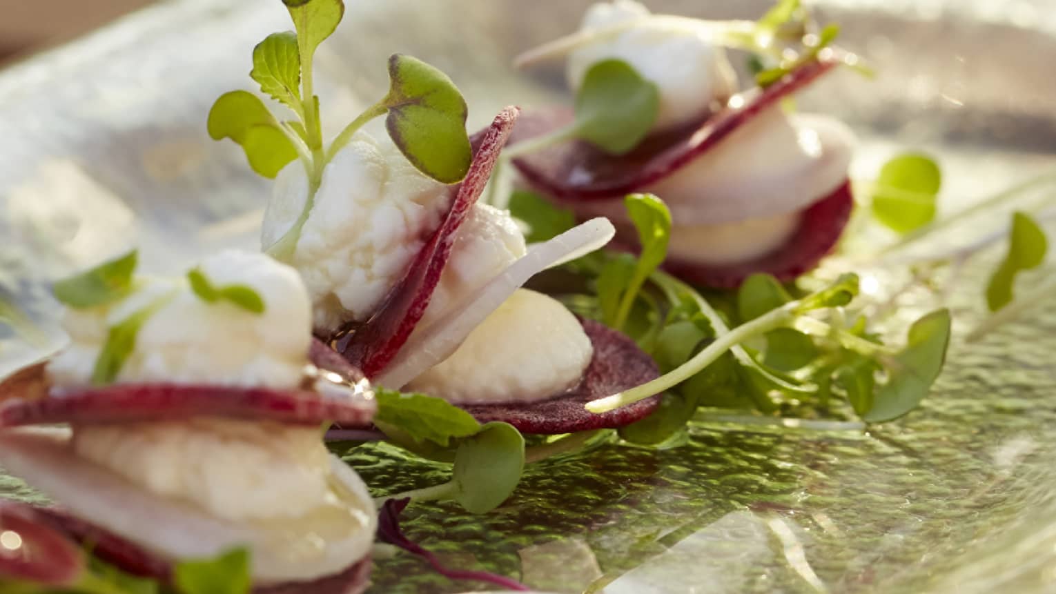 Close up sliced beets, creme and watercress on a clear glass plate