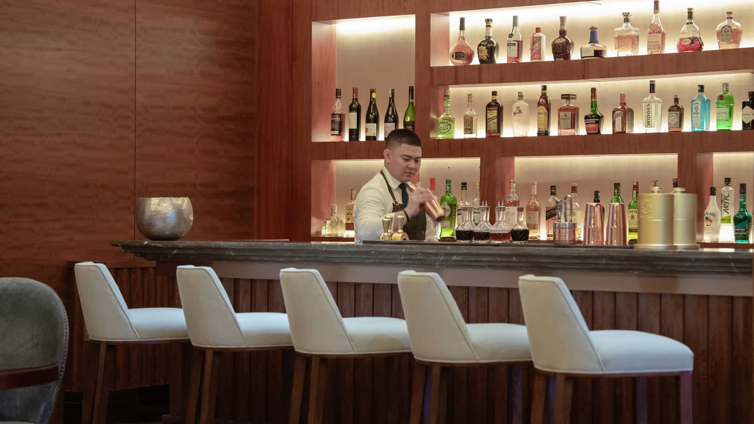 In a dark wood-panelled bar room with sleek white stools, a bartender shakes a martini in front of lit, well-stocked shelves.