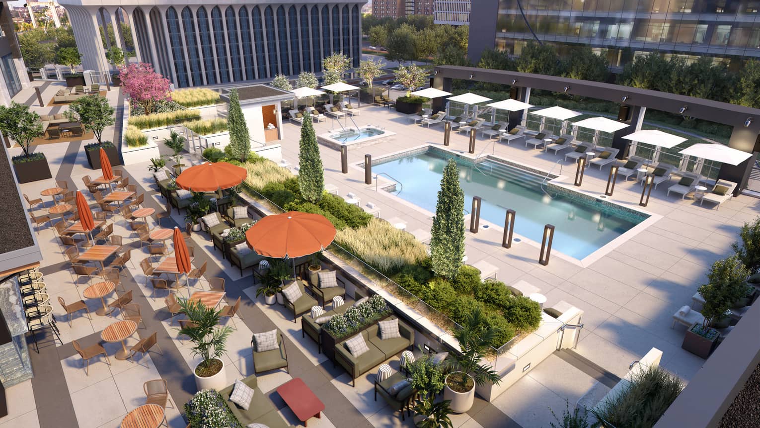 Urban pool deck with cabana area and dining area