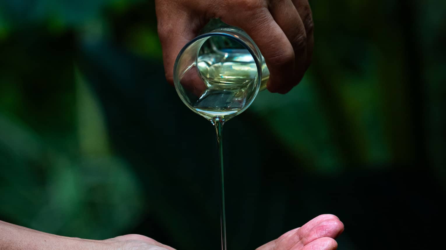 A person pours oil into cupped hand in garden setting