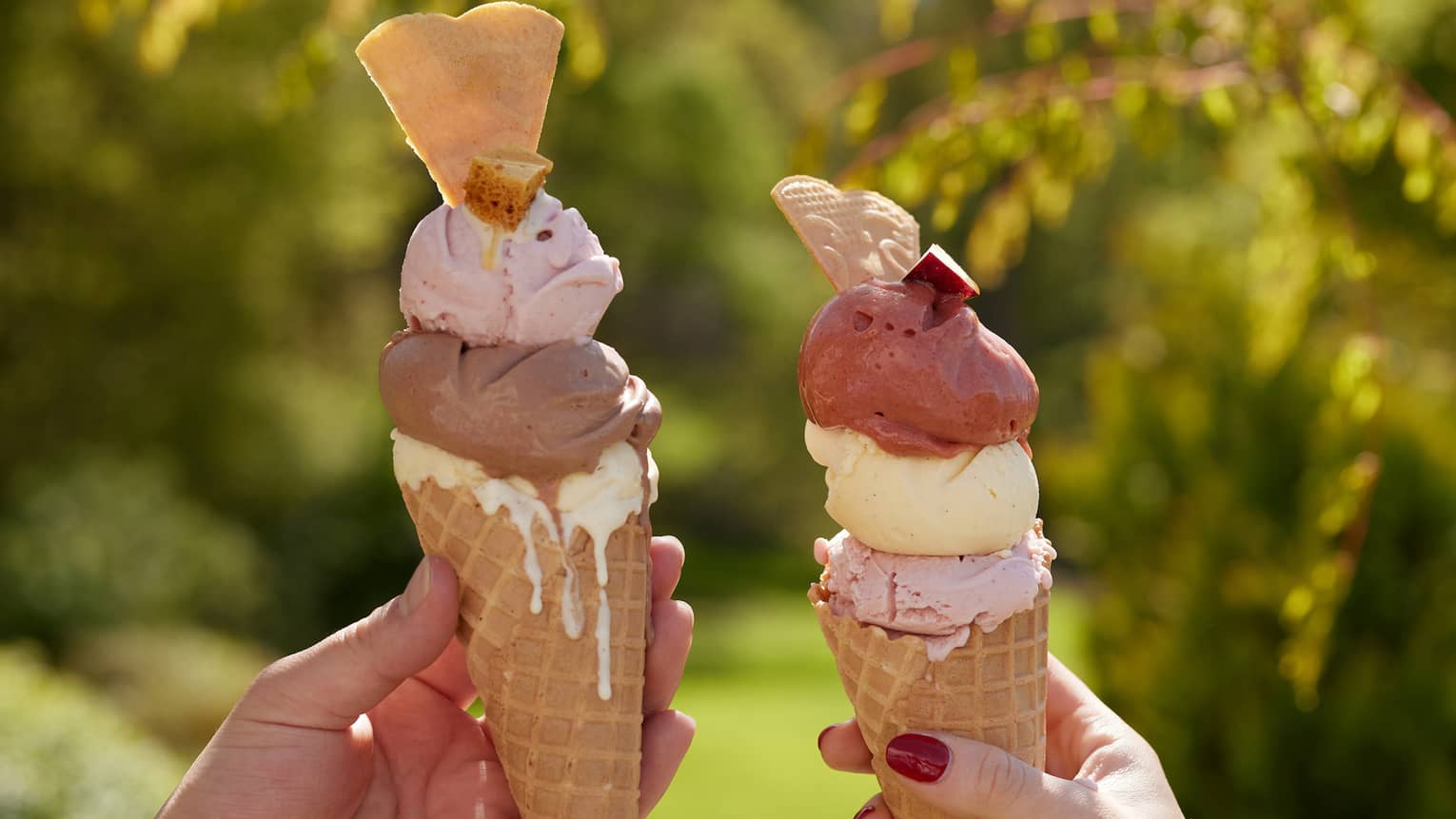 ,Two hands holding up ice cream cones topped with three scoops of gelato