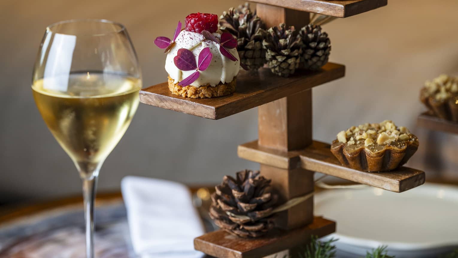 Alpine-themed tea time display with champagne at luxury hotel