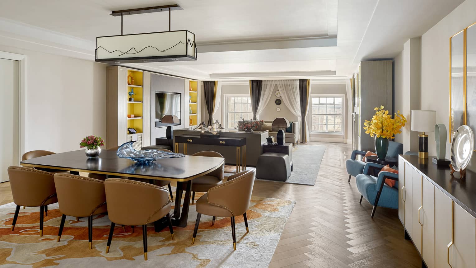 Modern dining room and living room with wooden floors