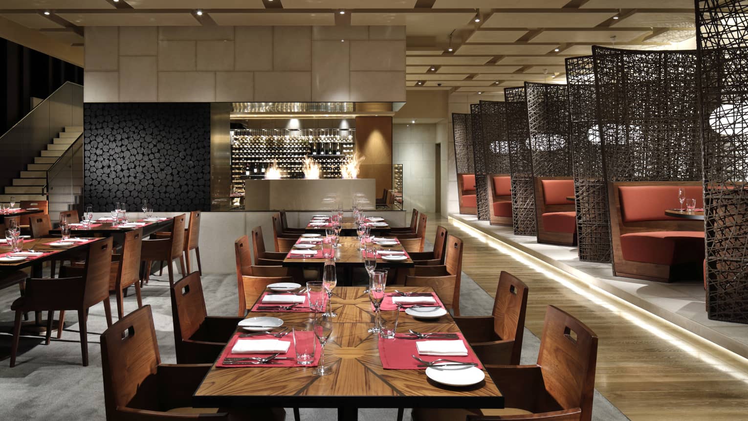 Brasserie restaurant modern wood dining tables, chairs, banquettes 
