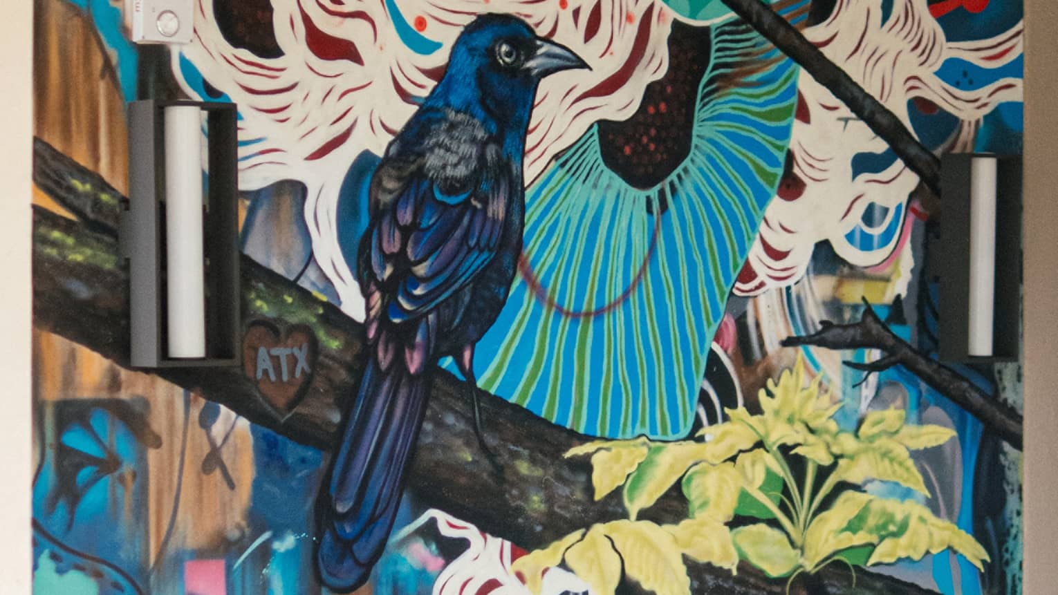 Jason Eatherly’s “Grackle with Love” mural on Ciclo’s patio.