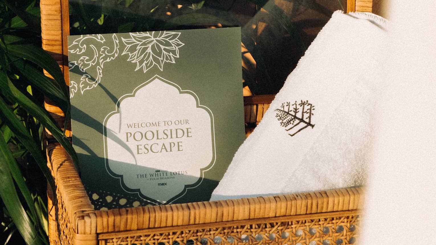 A basket beside a palm tree containing a Four Seasons towel