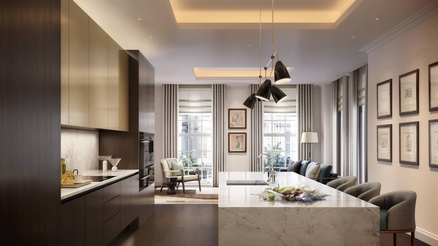 Kitchenette with dark wood cabinets across from white marble island, retro-style stools