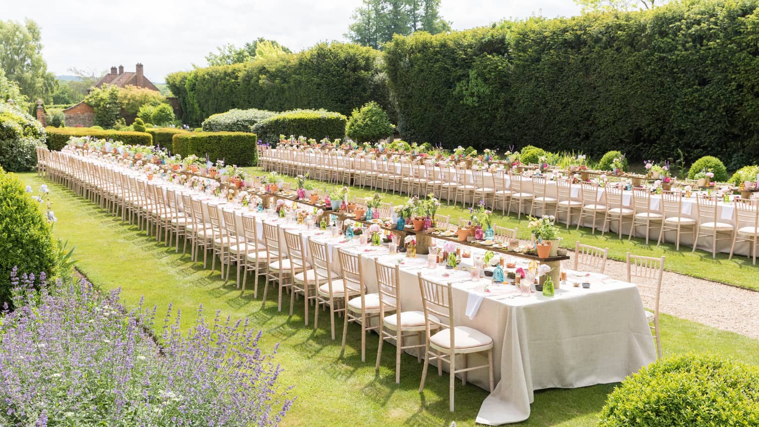 An outdoor reception in a garden, with very long rectangular tables set with flowers, plates and silverware
