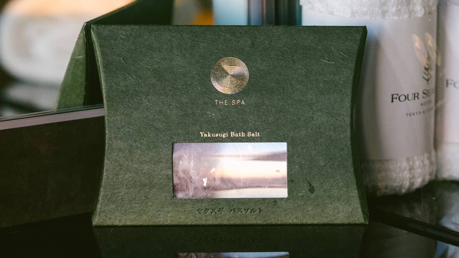 Yakusugi bath salts in green box with silver foil seal