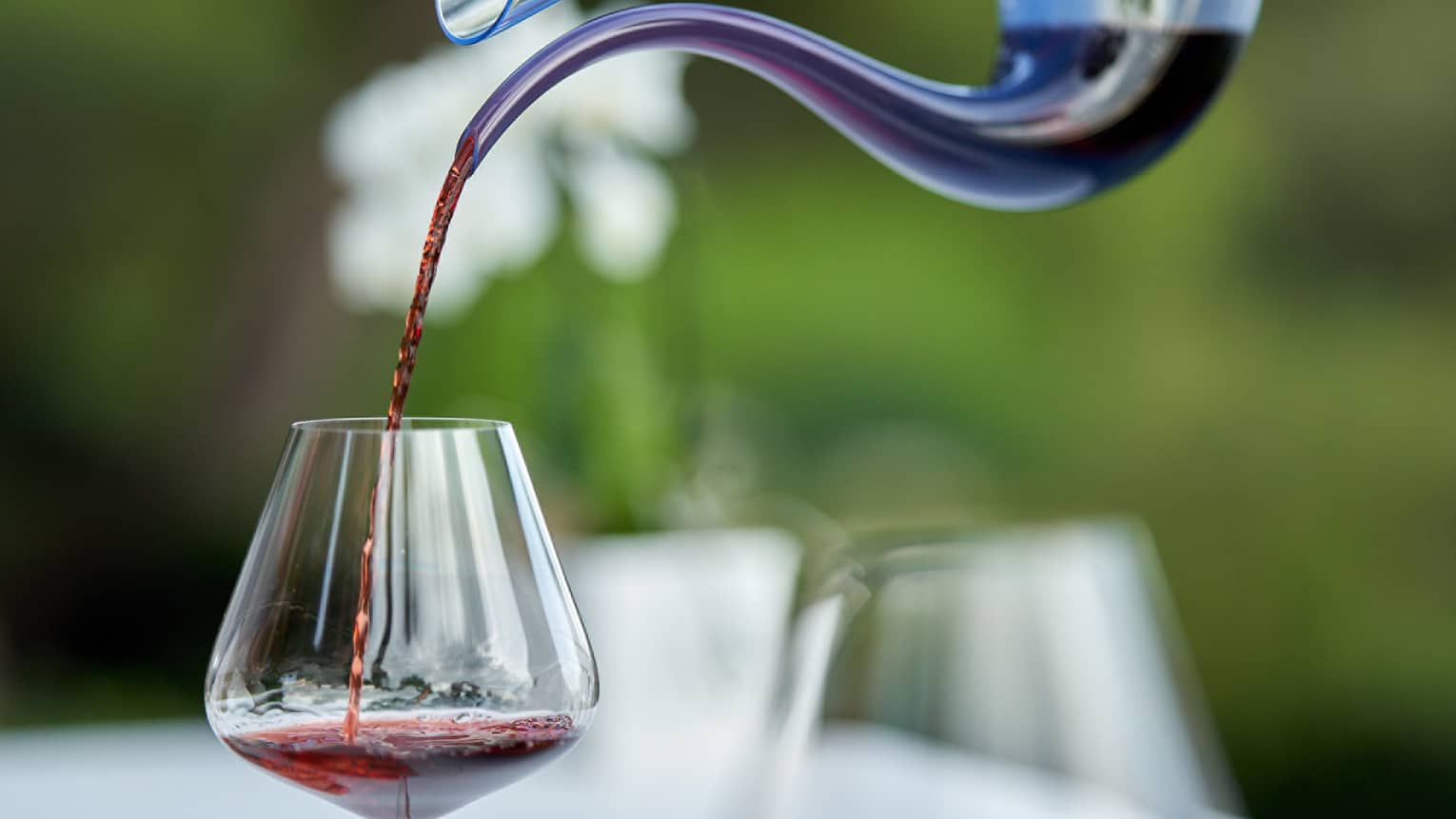 Hand pouring red wine in decanter into a wine glass