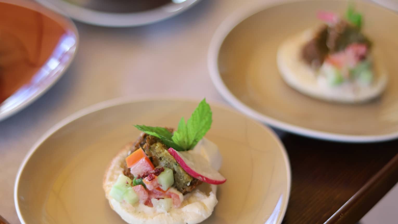Serving tray with six small plates, each presenting a round small bite with radish and mint leaf garnish
