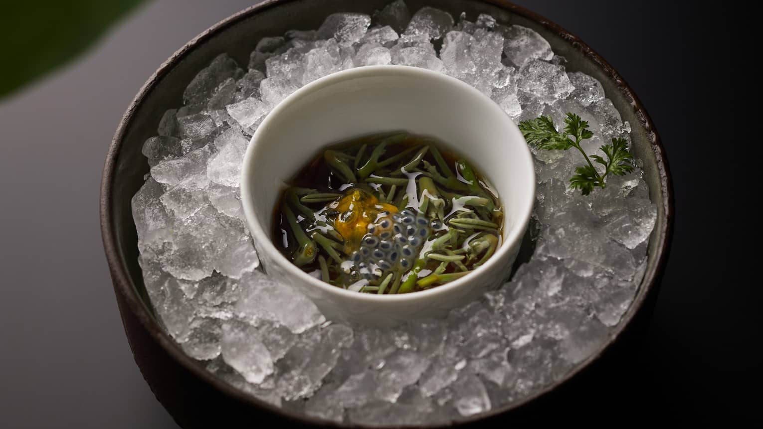 Ice cubes encircle a small bowl of chopped water shield in a vinegar jelly, garnished with orange tomato sauce. 