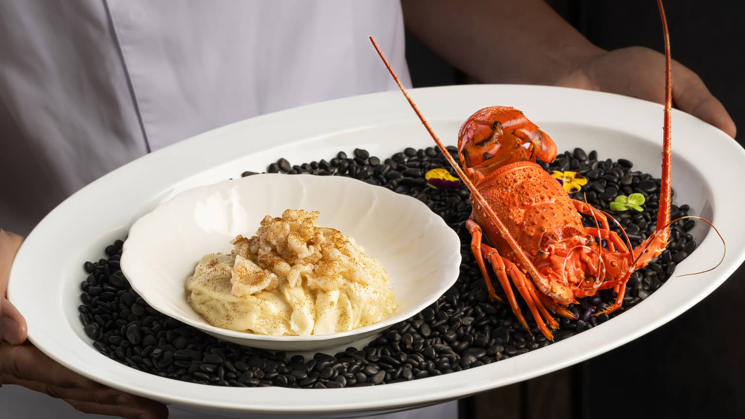 Chef carries plate featuring black rice and whole cooked lobster
