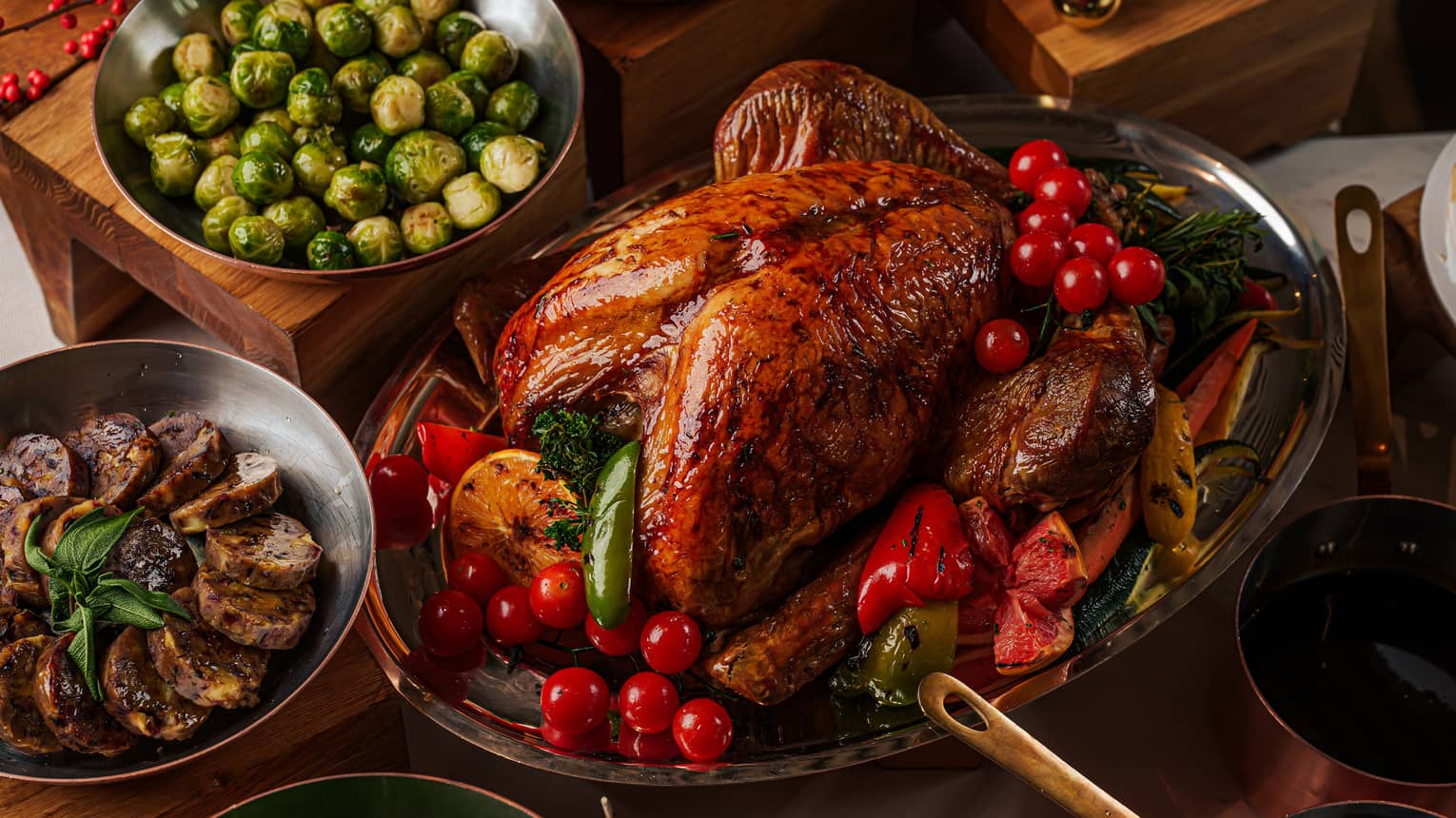 Whole roasted turkey on a silver platter