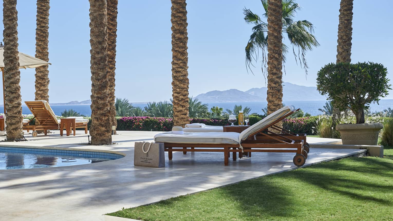 Pool terrace lounge chairs, palm trees and sea view