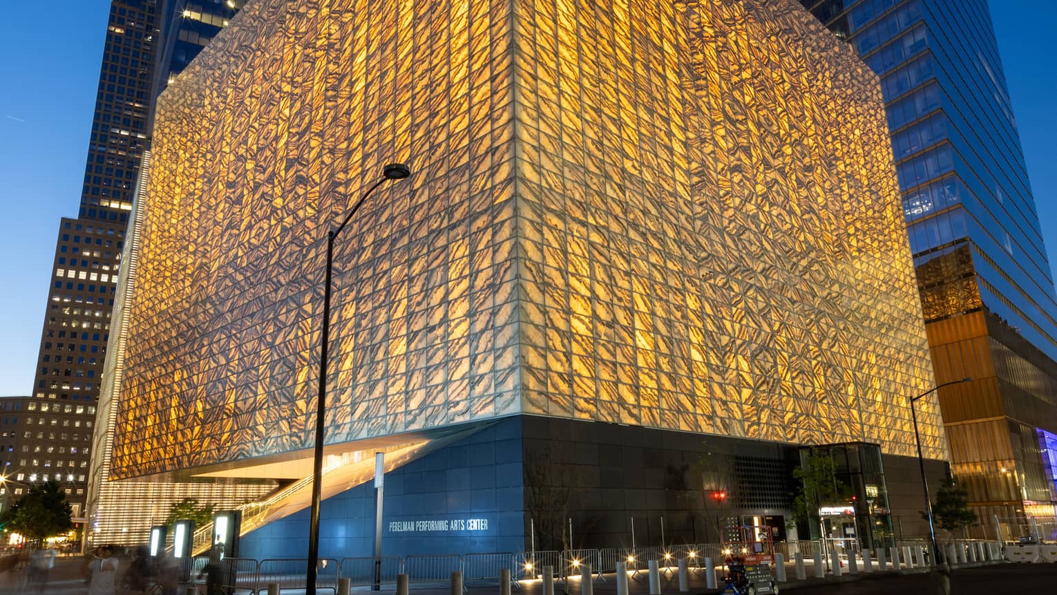 Urban performing arts center building at night