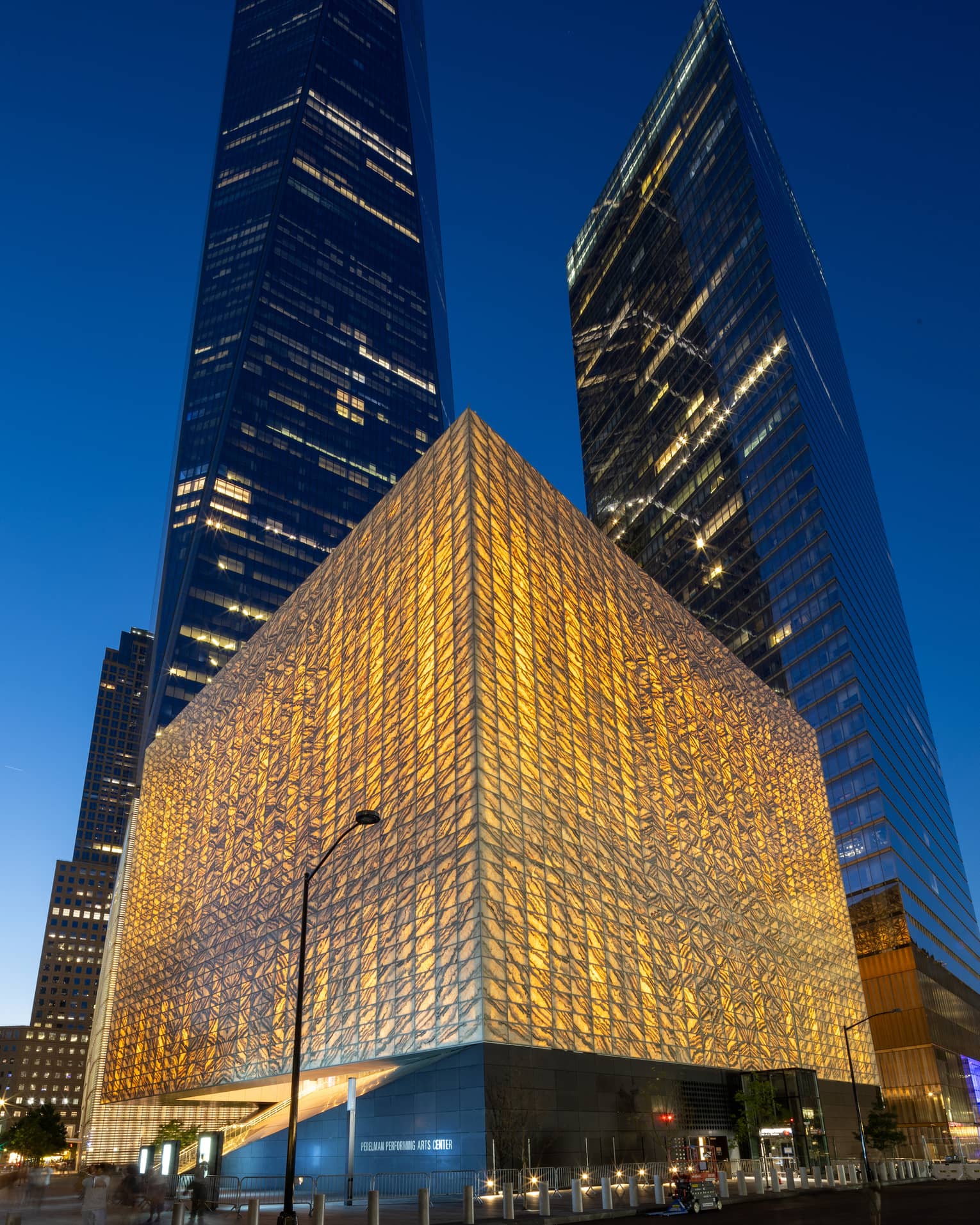 Urban performing arts center building at night