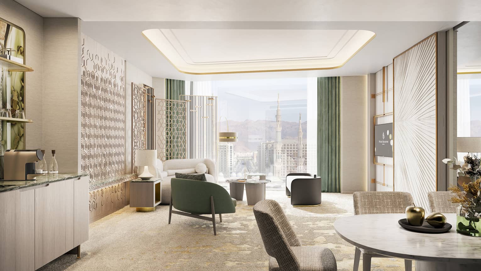 Rendering of guest room living room with floor-to-ceiling windows with views of cityscape