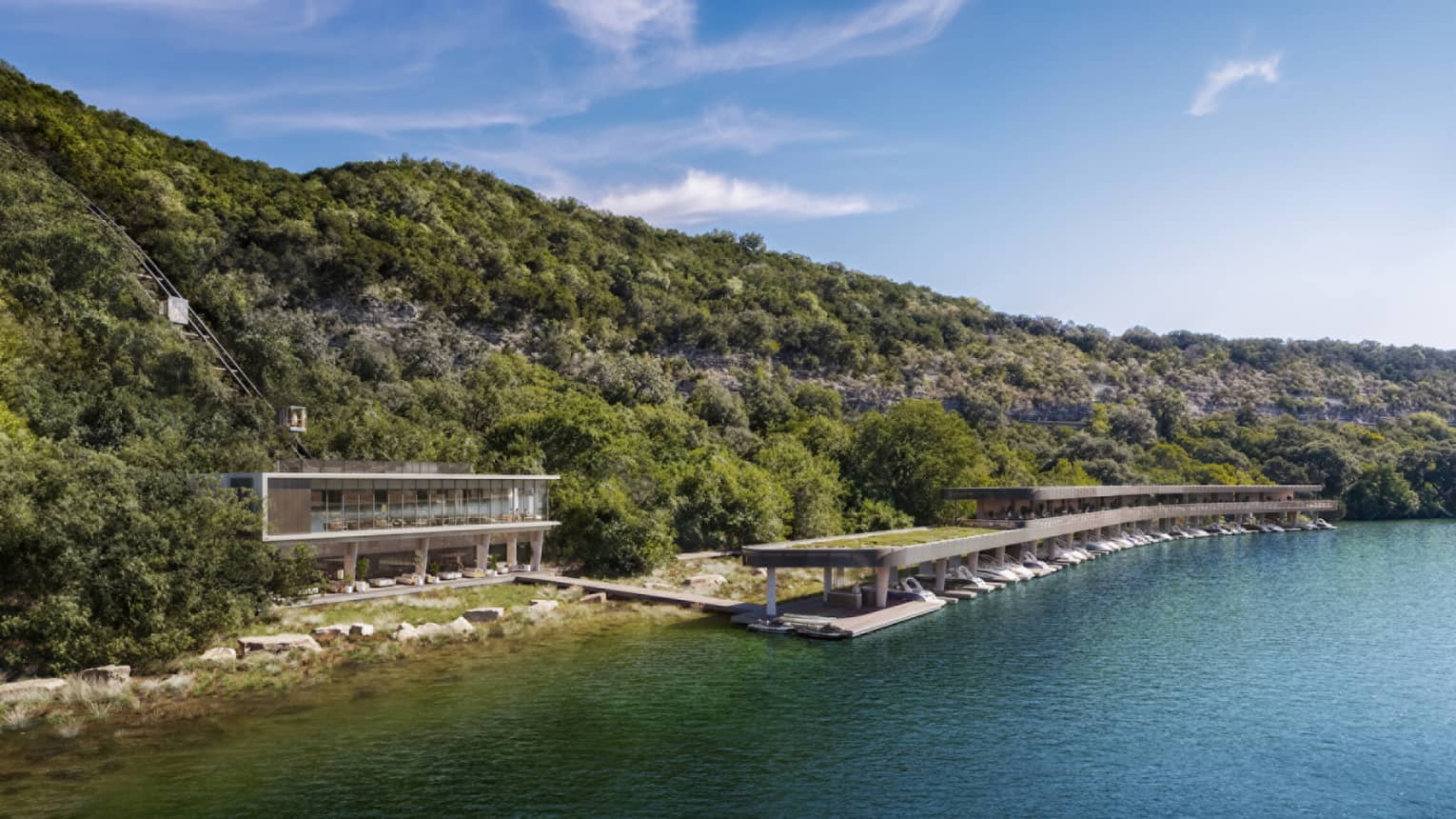 ,Rendering of a modern residence exterior by a body of water and surrounded by lush greenery